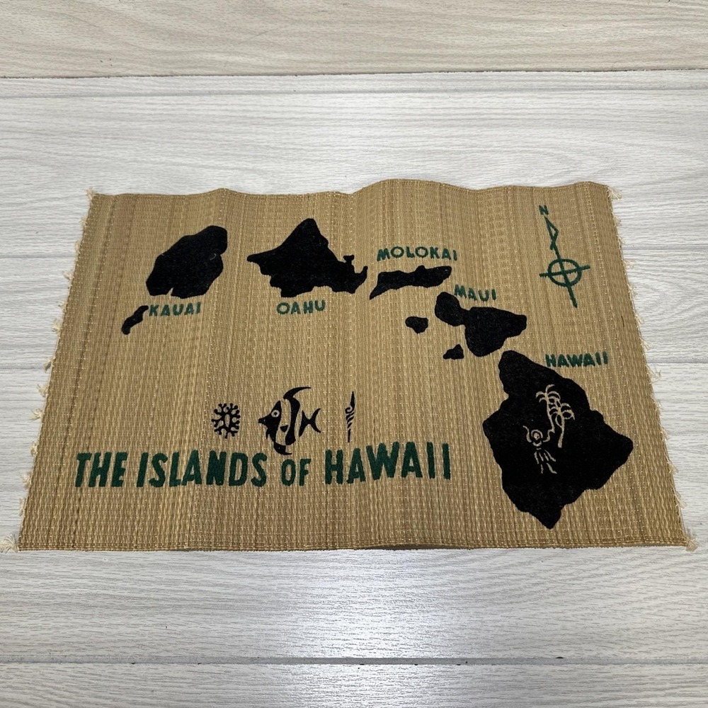 Hawaiian Woven Placement 1960s The Islands of Hawaii Vintage 17.75x11.75"
